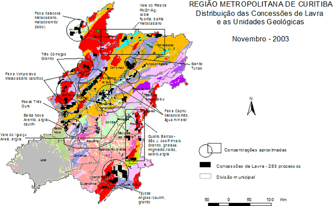 Mapa com as concessões de lavra