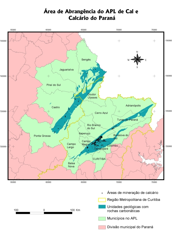 Área dos municípios abrangidos pela APL Cal e Calcário