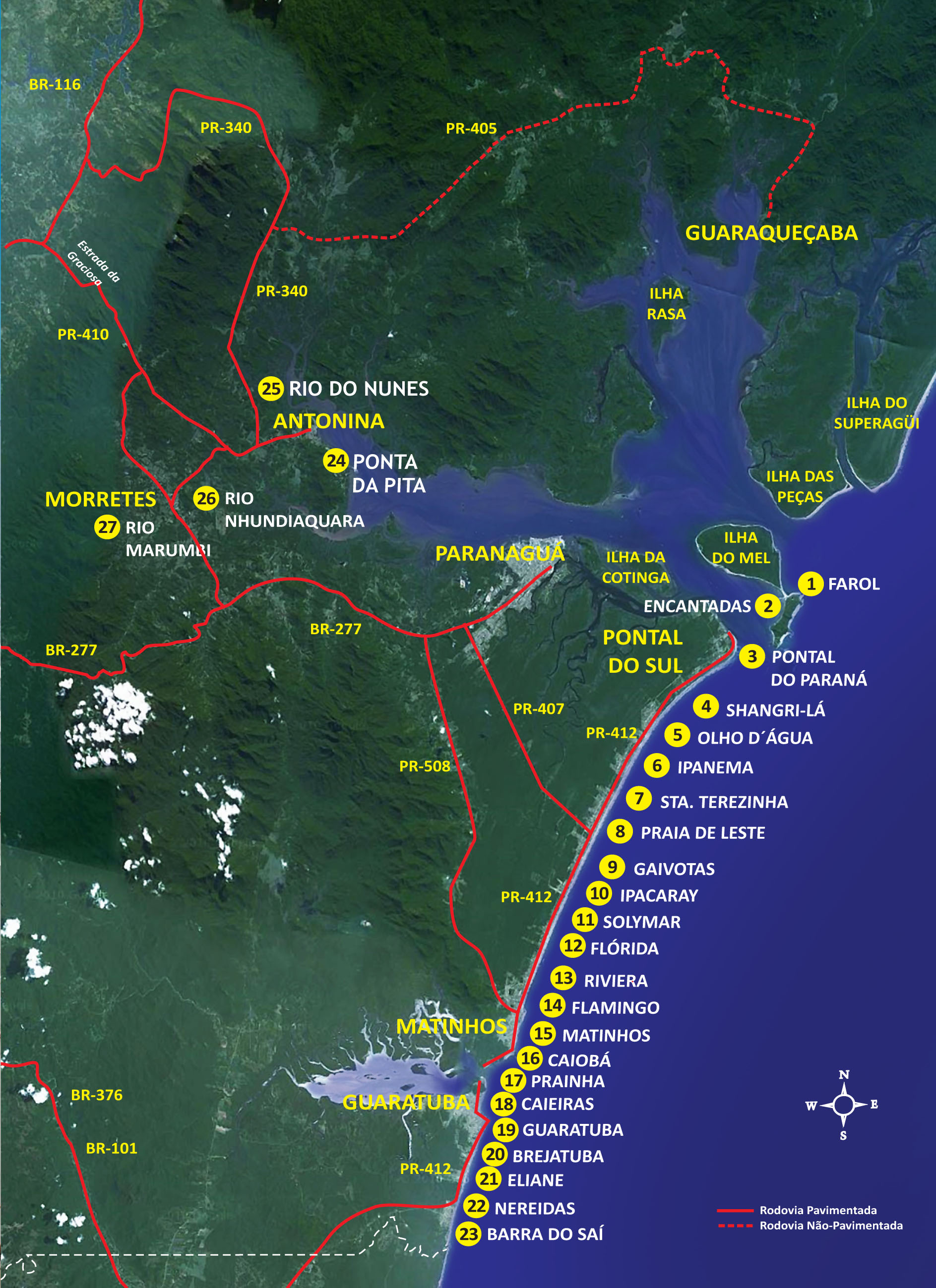 Mapa com os pontos monitorados no Litoral do Paraná