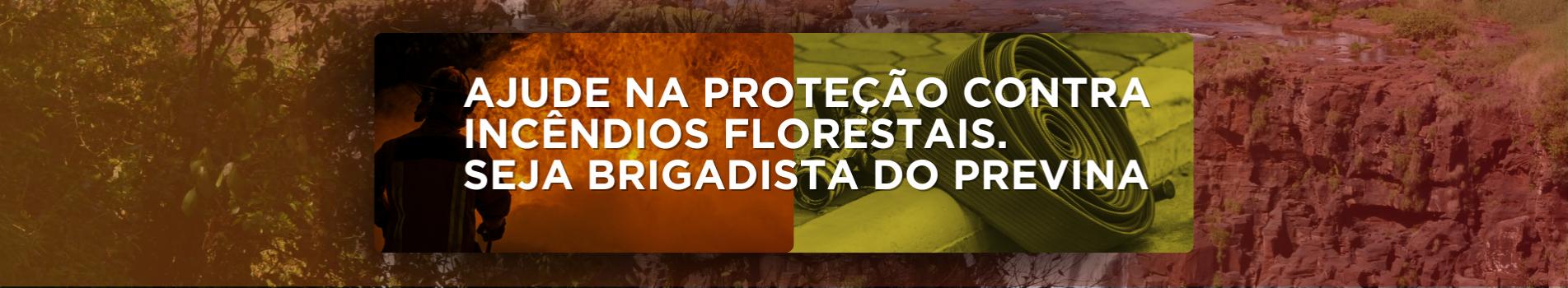 BANNER COM OS DIZERES AJUDE NA PROTEÇÃO CONTRA INCÊNDIOS FLORESTAIS. SEJA BRIGADISTA DO PREVINA