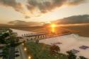 Modelo 3D da obra finalizada ao por do sol