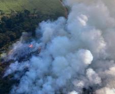 IMAGEM AÉREA MOSTRANDO ÁREA DE DESMATAMENTO COM INTENSA FUMAÇA