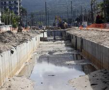 Obras de micro e macrodrenagem no municipio de Matinhos, que vão acabar com as enchentes e alagamentos nas ruas.. secretário do IAT Everton Luiz da Costa Souza deu coletiva para a imprensa no local das obras na praia de Caioba.