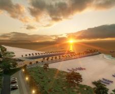 Modelo 3D da obra finalizada ao por do sol