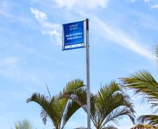 Placa a frente de árvores no litoral