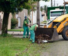 Foto de caminhões de lixo durante coleta