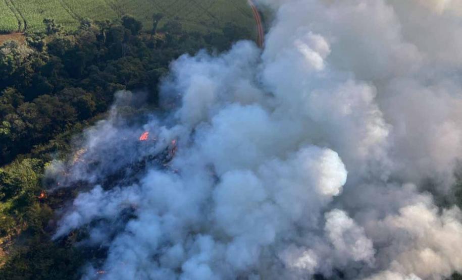 IMAGEM AÉREA MOSTRANDO ÁREA DE DESMATAMENTO COM INTENSA FUMAÇA