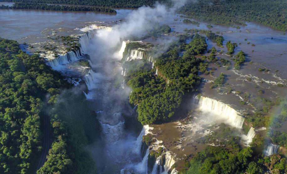 Foto aérea de floresta com cachoeira
