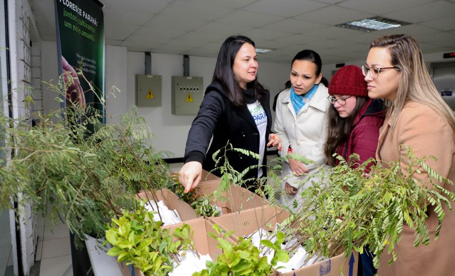 Representantes do IAT posando para foto com civis a frente do banner "Florescer Paraná"