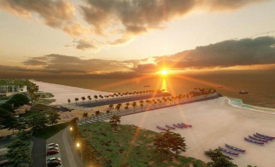 Modelo 3D da obra finalizada ao por do sol