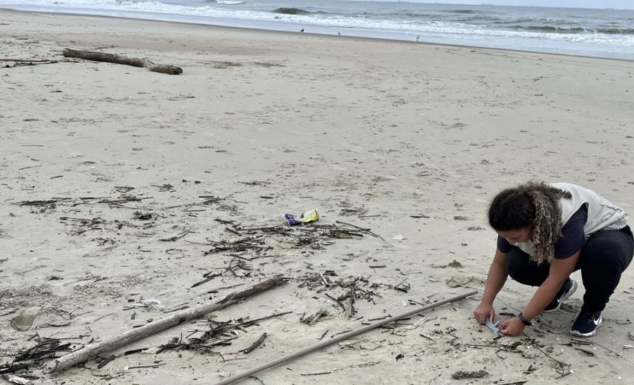 Biologa trabalhando na praia