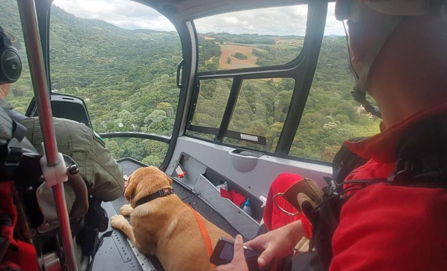 Foto de interior de helicóptero sobrevoando trilha