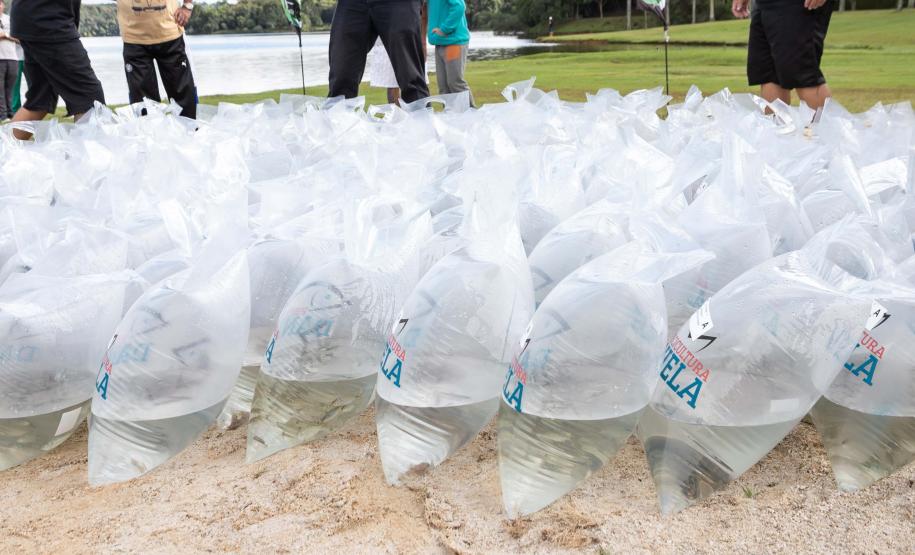 Foto de autoridades e crianças durante soltura de peixes