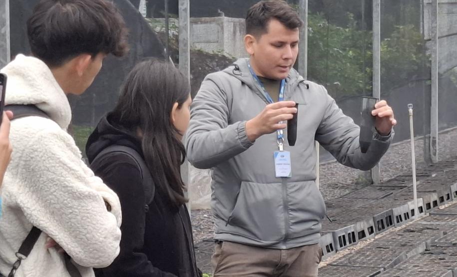Foto de estudantes conhecendo viveiro do IAT